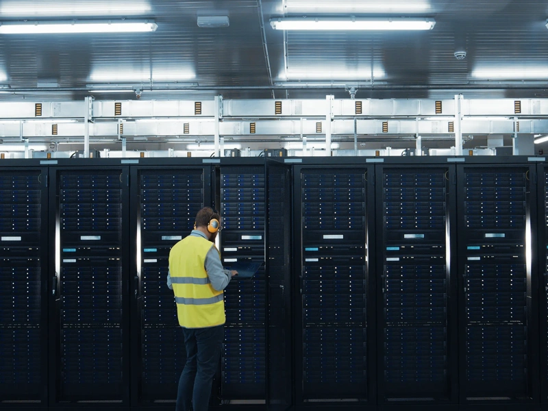 IT Engineer in High Visibility Vest is Working on Laptop in Data Center while Standing Before Server Rack. Running Diagnostics or Doing Maintenance Work.