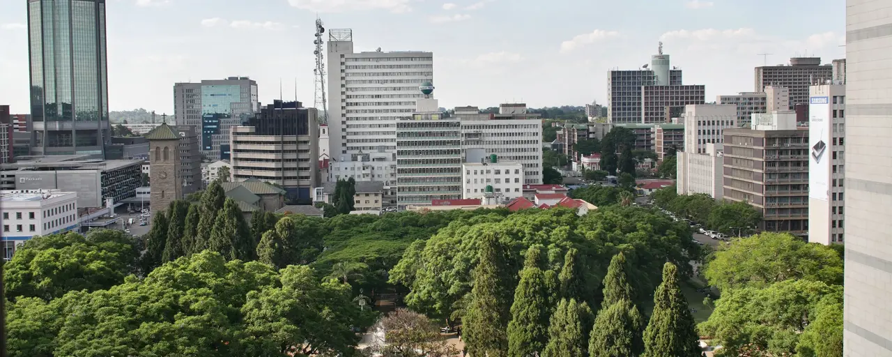 High angle view of buildings and park in midtown Harare, Zimbabwe