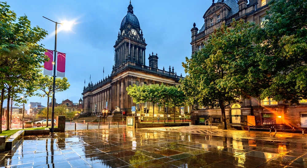 Exterior shot of West Yorkshire square in the UK.
