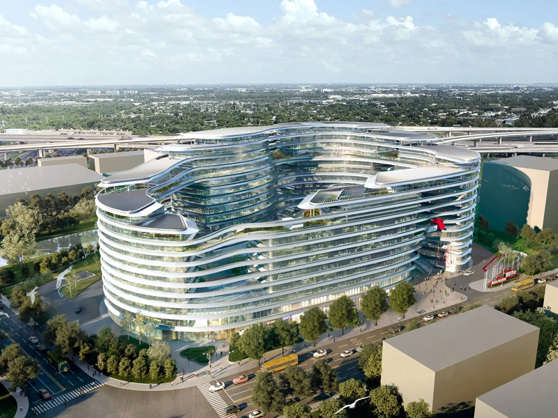 Aerial view of glass, ring-shaped ANTA Shanghai HQ, China