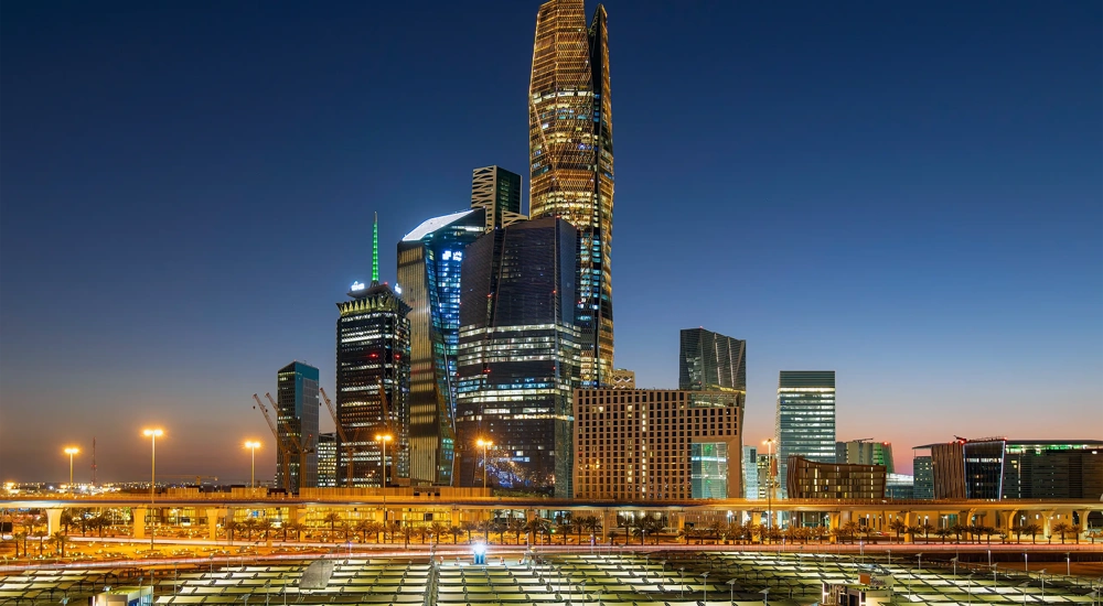 Riyadh, Saudi Arabia - March 01, 2024: Beautiful New Riyadh Skyline after sunset. Riyadh city towers in Saudi Arabia