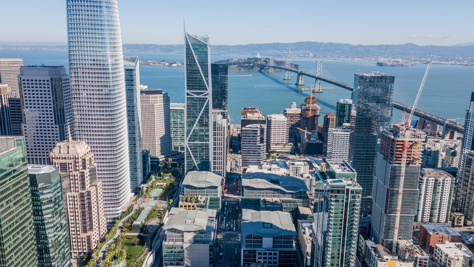 View of skyscrapers in America with sun beaming
