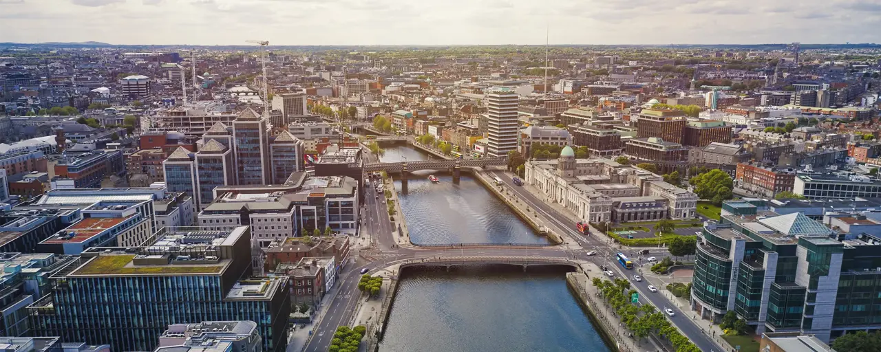Arial view of ireland with river flowing between city 