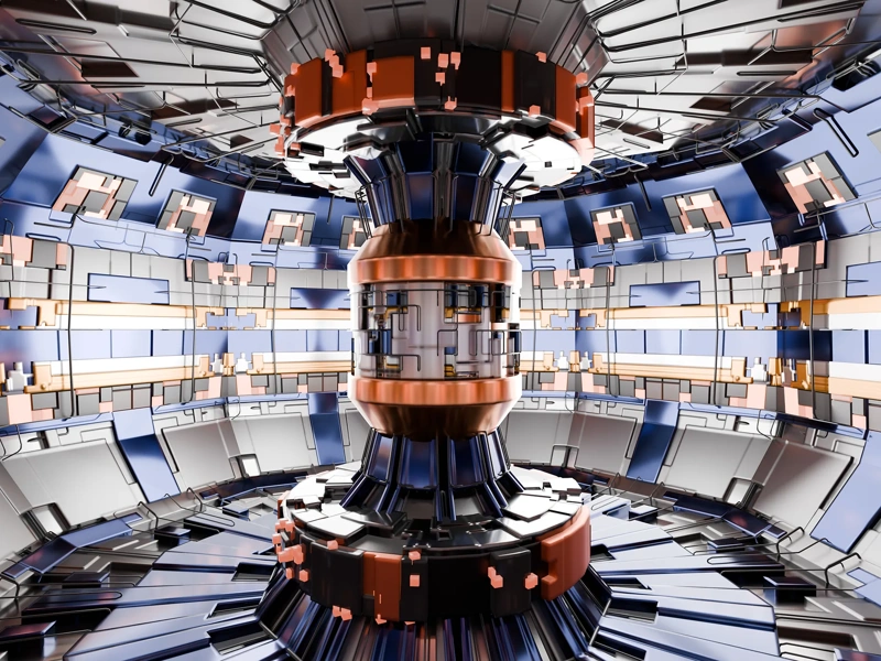 Abstract Reactor Tokamak - 3d render image of nuclear fusion reactor, tokamak magnetic field to confine plasma in the shape of a torus. Toroidal shape, clean energy.