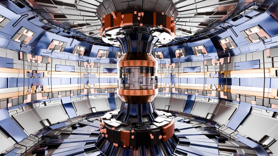 Abstract Reactor Tokamak - 3d render image of nuclear fusion reactor, tokamak magnetic field to confine plasma in the shape of a torus. Toroidal shape, clean energy.