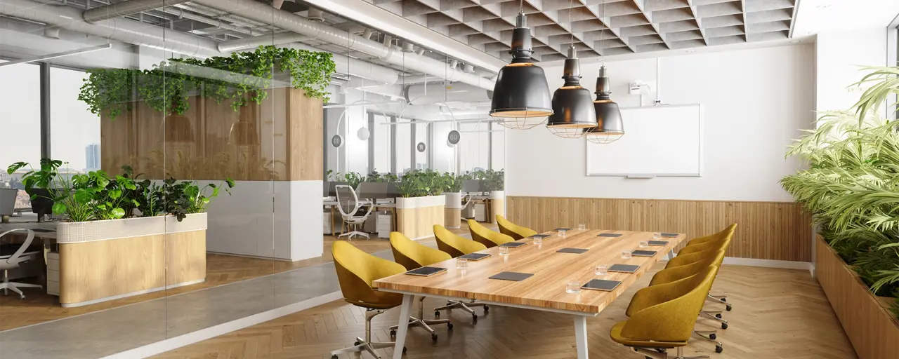 Office meeting room interior with plants and yellow chairs
