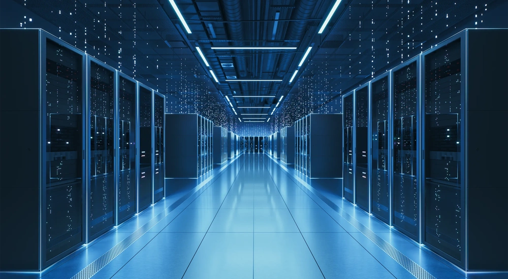 Interior view of a futuristic data center designed for artificial intelligence processing, featuring glowing servers and digital data streams.