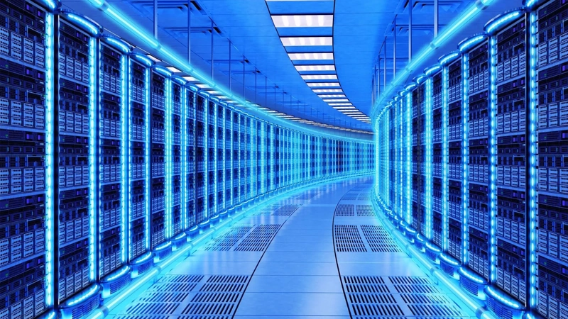 Network and internet communication technology concept, data center interior, server racks with telecommunication equipment in server room