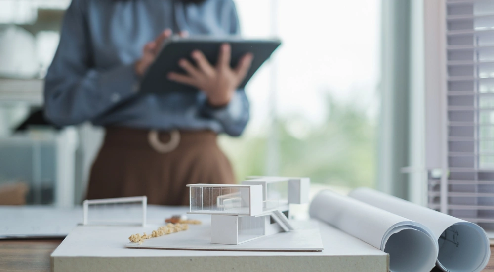 Person standing over table using tablet