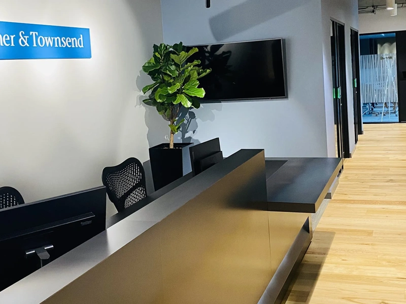 Picture of office reception and hallway with the sign 'Turner & Townsend' above reception chairs. There is a plant in the corner in front of a tv.
