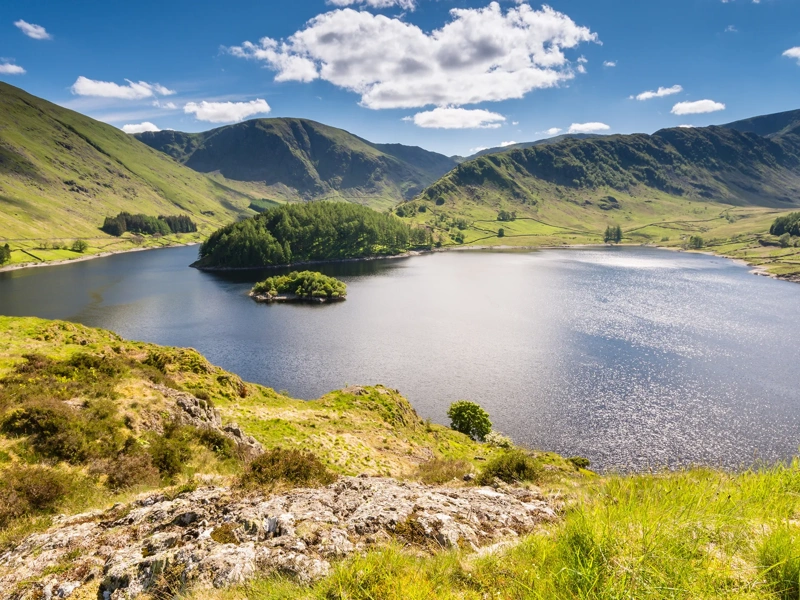 Haweswater Reservoir in Mardale Valley taken from Whiteacre Crag. A green hill that leads down to the water is in the foreground. The water is deep blue and reflects the sunlight. The reservoir is surrounded by rolling green hills, and a deep blue sky filled with fluffy white clouds is overhead.