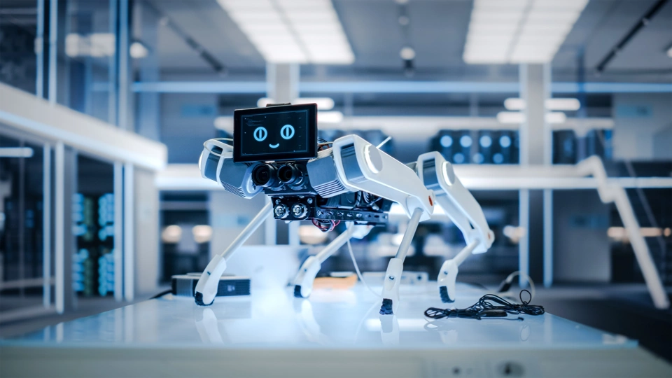 White 4 legged robot with a screen as a face
