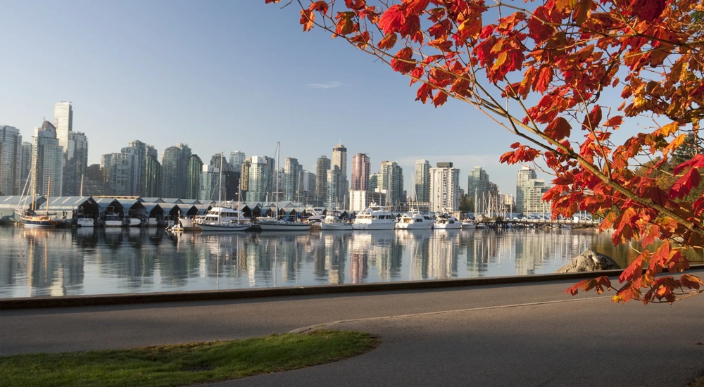 Beautiful aerial view of downtown Vancouver skyline, British Columbia, Canada with red and orange autumnal leaves