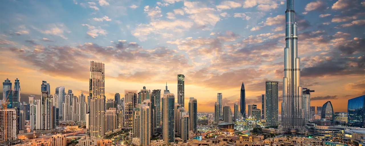 Skyline photo of Dubai, with the Burj Khalifa building on the right of the image