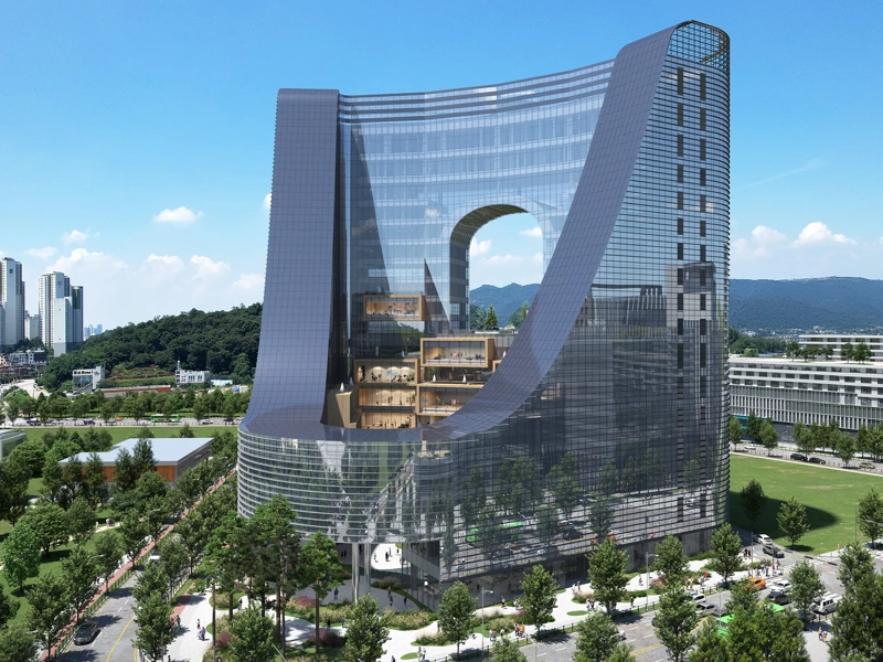 Visualisation of curved, glass JYP Entertainment HQ, Seoul, South Korea