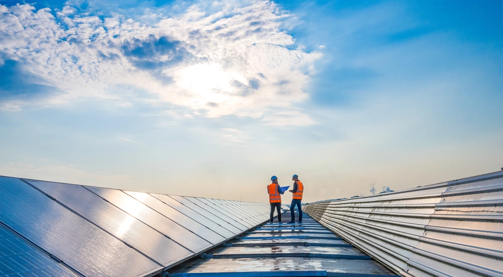 Two men in hi vis jackets standing on top of a solar panel farm