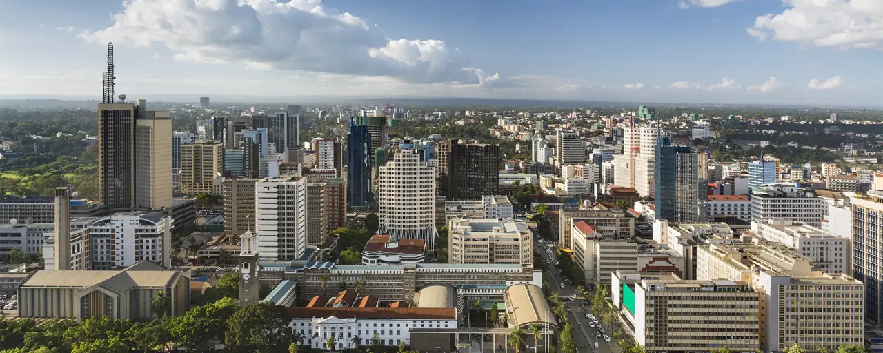 View over City Hall and modern highrises and streets in the business district of Nairobi, Kenya.