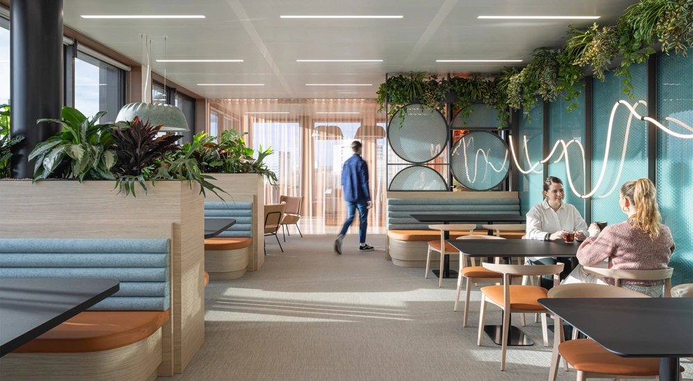 A group of people in a modern office furnished with plants and colourful furniture