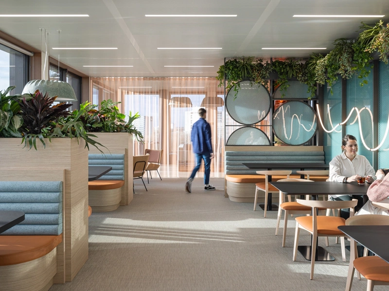 Lounge space of refurbished Pinsent Masons' office, Amsterdam, The Netherlands