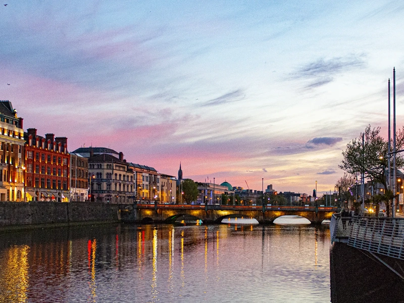 Dublin City centre at night along the river Liffey on the quays, Dublin, Ireland.