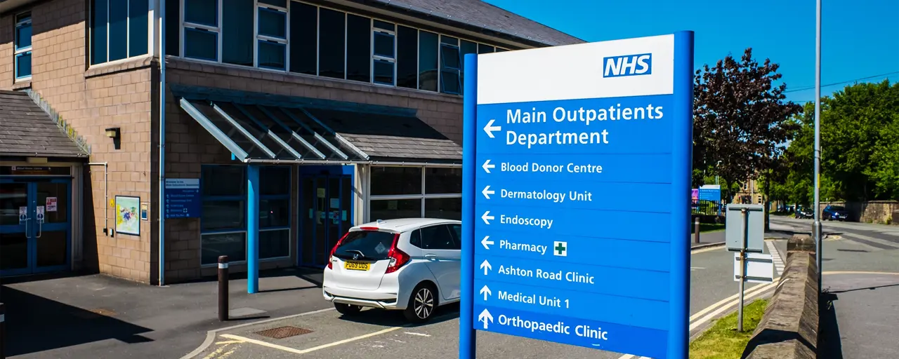 NHS outpatients building with sign outside