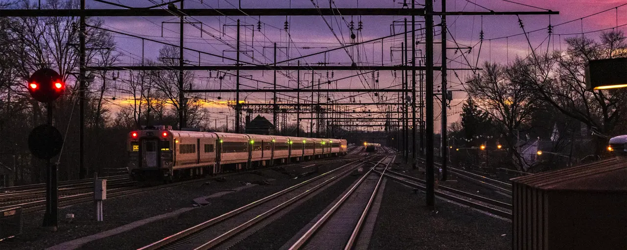 Train at sunset, UK