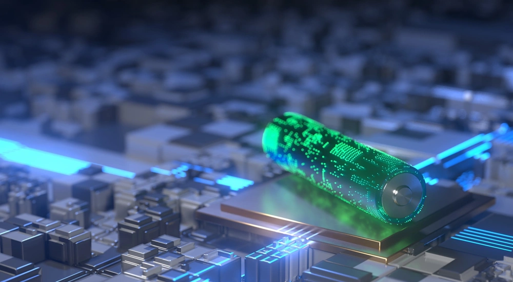 Grey electrical board with glowing green cylinder shaped battery