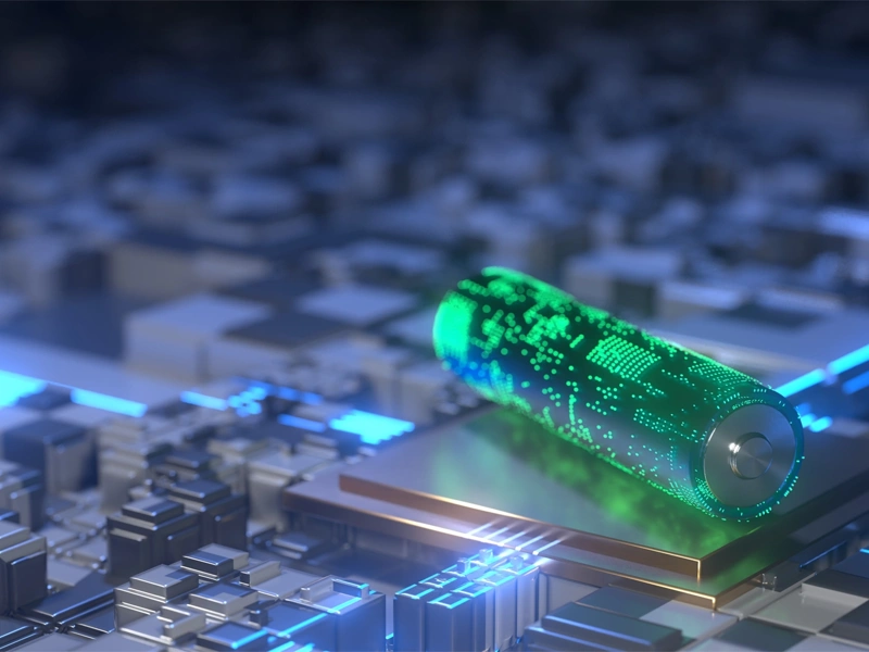 Grey electrical board with glowing green cylinder shaped battery