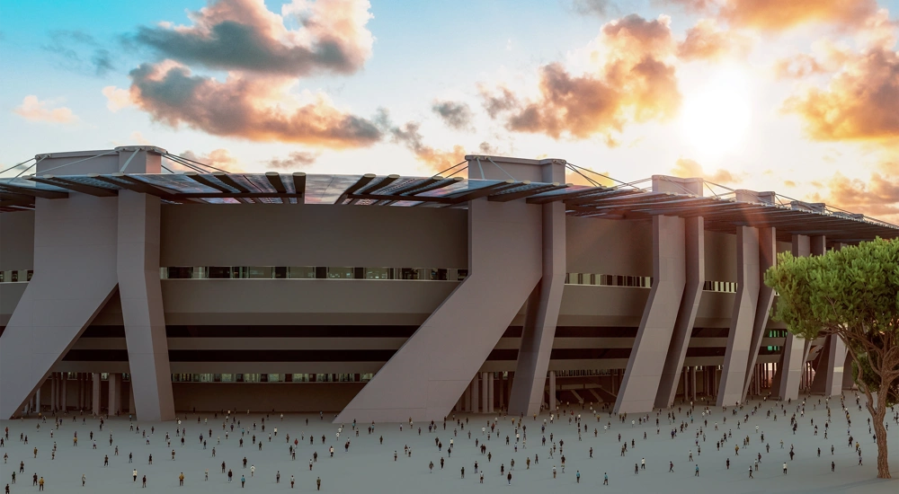 Large sports stadium with crowds off supporter entering the main gates