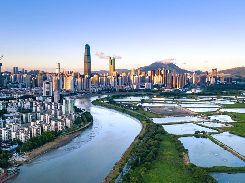 Drone view of Shenzhen Hong Kong border at sunset