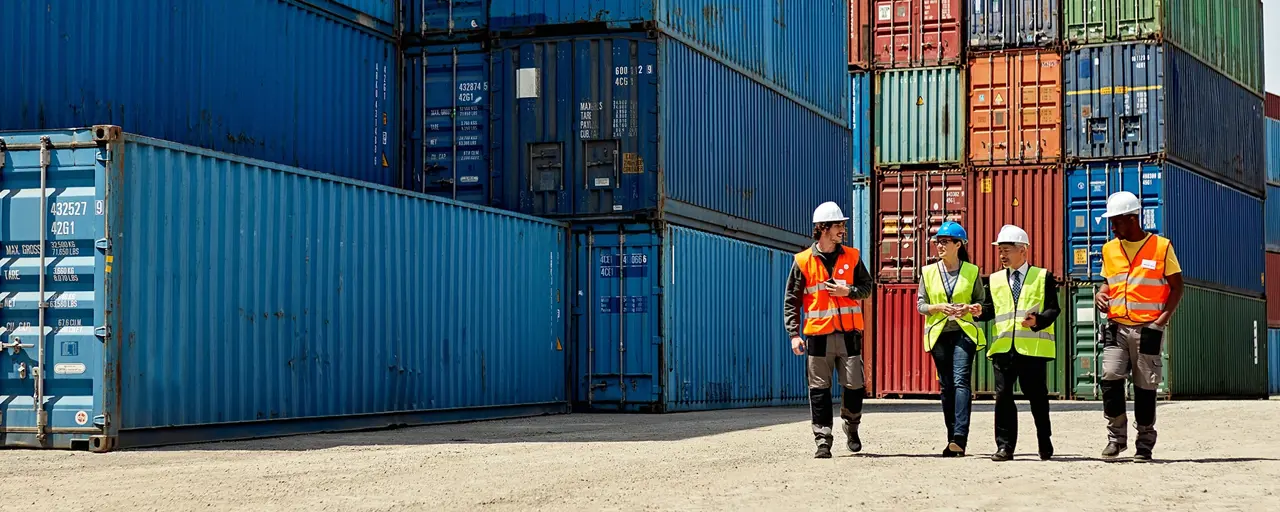Four people in hi-vis jackets and helmets walk through a shipping container yard