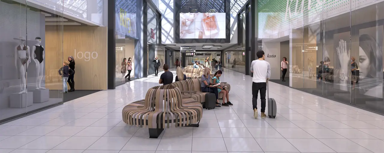 Interior render of an airport lounge, showing mock-up designs of passenger seating and retail units