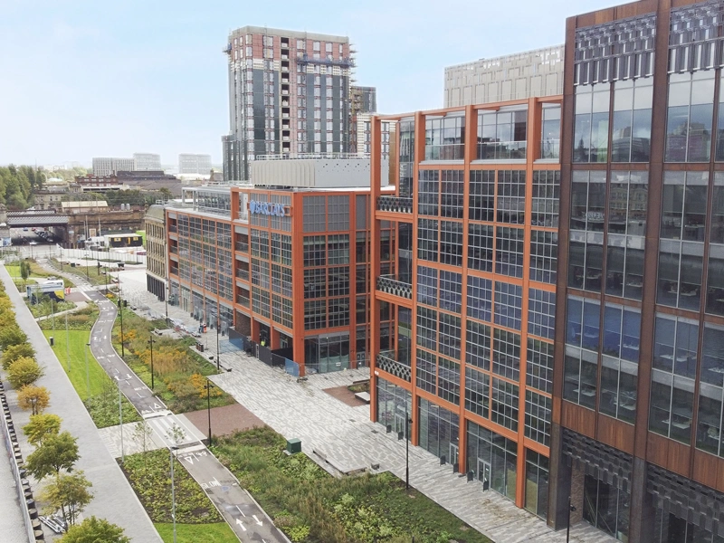 Exterior shot of riverside Barclays Glasgow Campus, UK.
