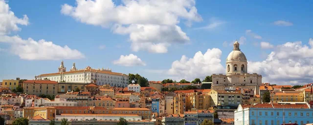 Portrait of Lisbon with modern catamaran ferry at the ferry terminal