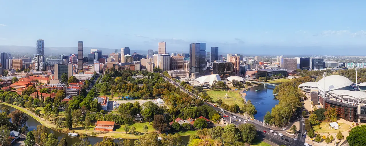 Aerial panoramic skyline of Adelaide city in South Australia on Torrens river.