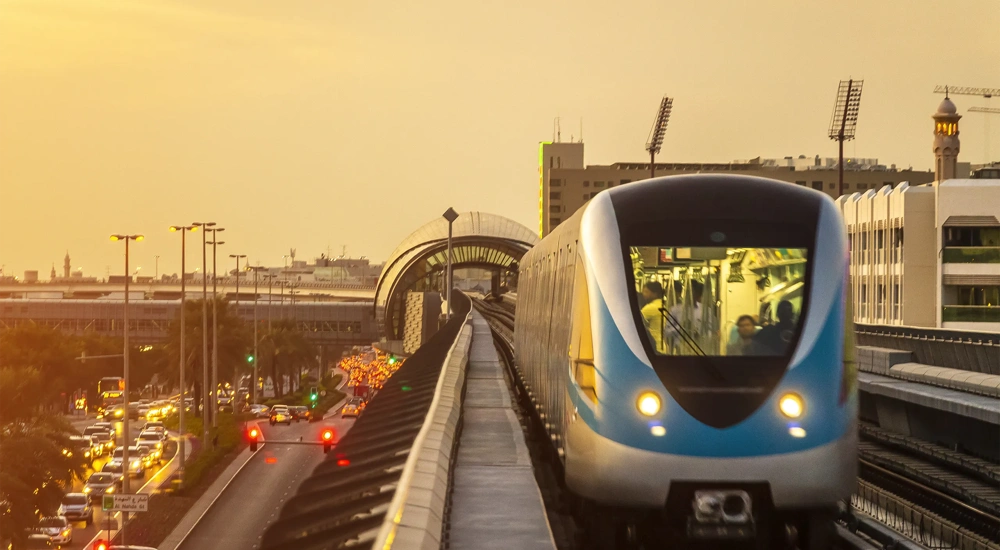 View on the rail road in the background of the urban area.