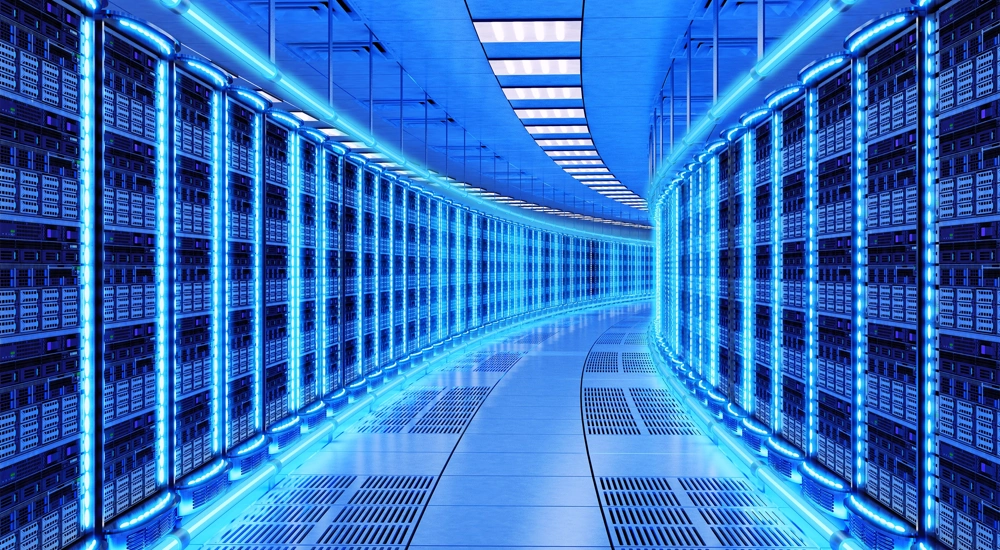 Blue lit curved server room