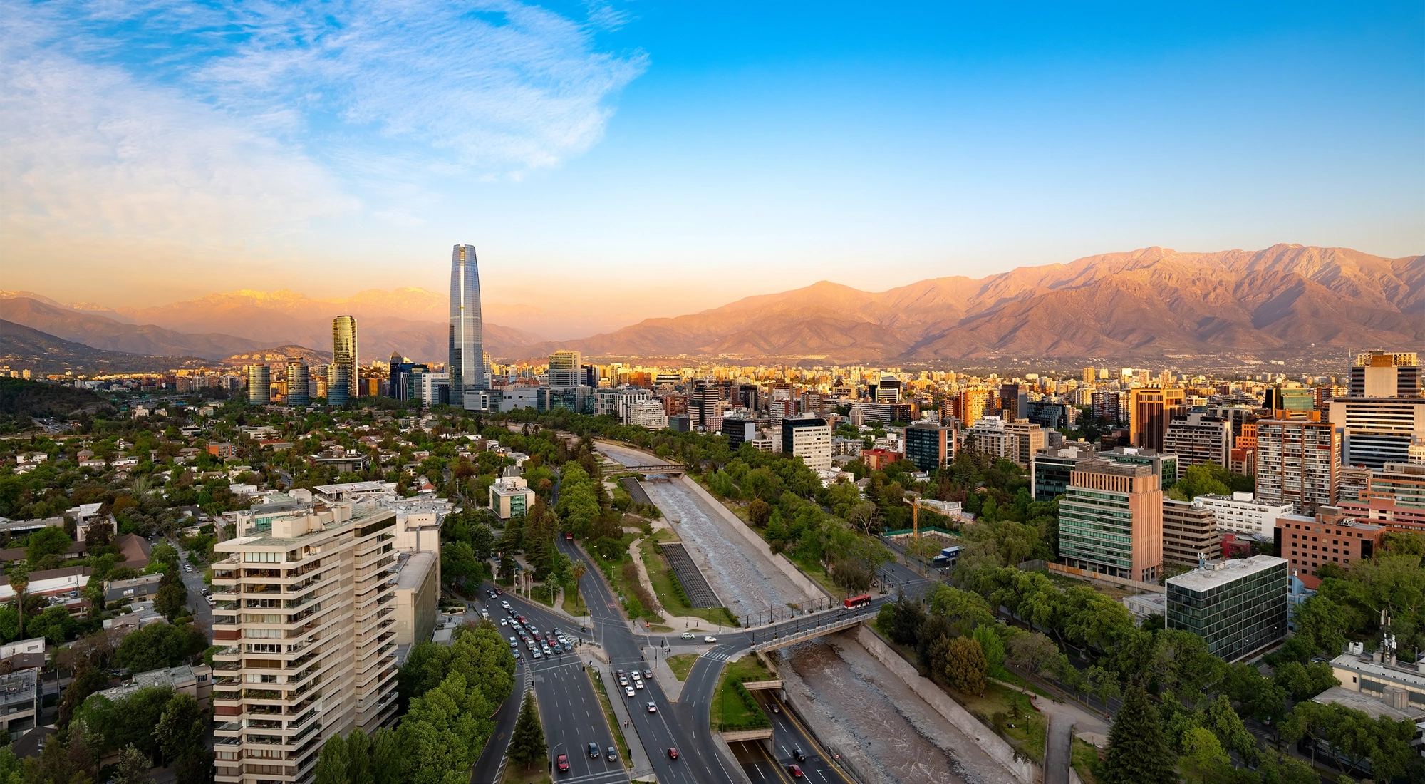 Panoramic view of Santiago de Chile with the Andes mountain range in the back