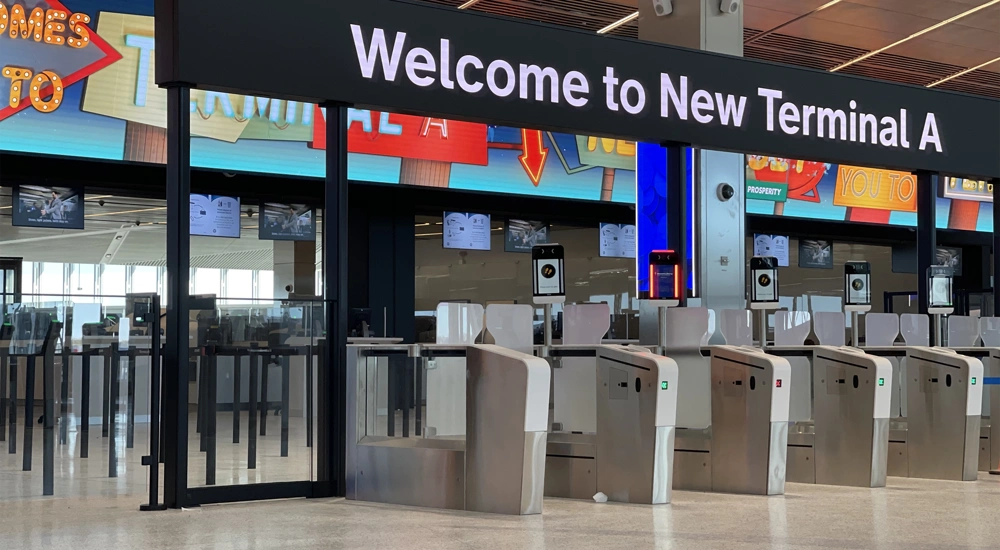 Port terminal in New York with ticket turnstiles