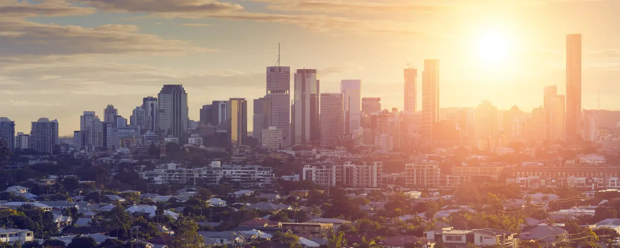 View of Australia city skyscrapers with the sun beaming on the buildings