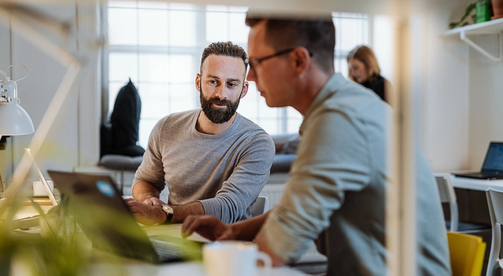 Portrait of two male colleagues working at desk staring at laptop screen.
