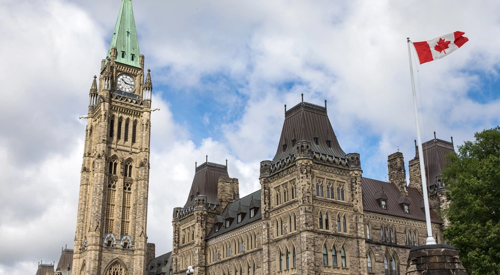 Exterior of Peace Tower and Centre Block of Parliament Hill, Ottawa, Ontario, Canada