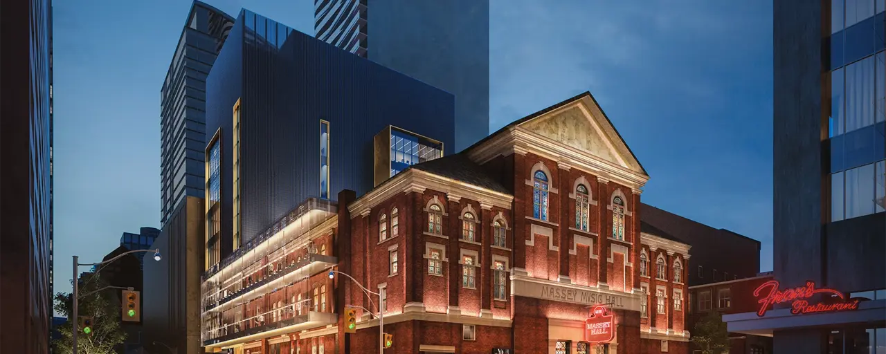 Exterior nighttime shot of Massey Hall in Toronto, Canada.