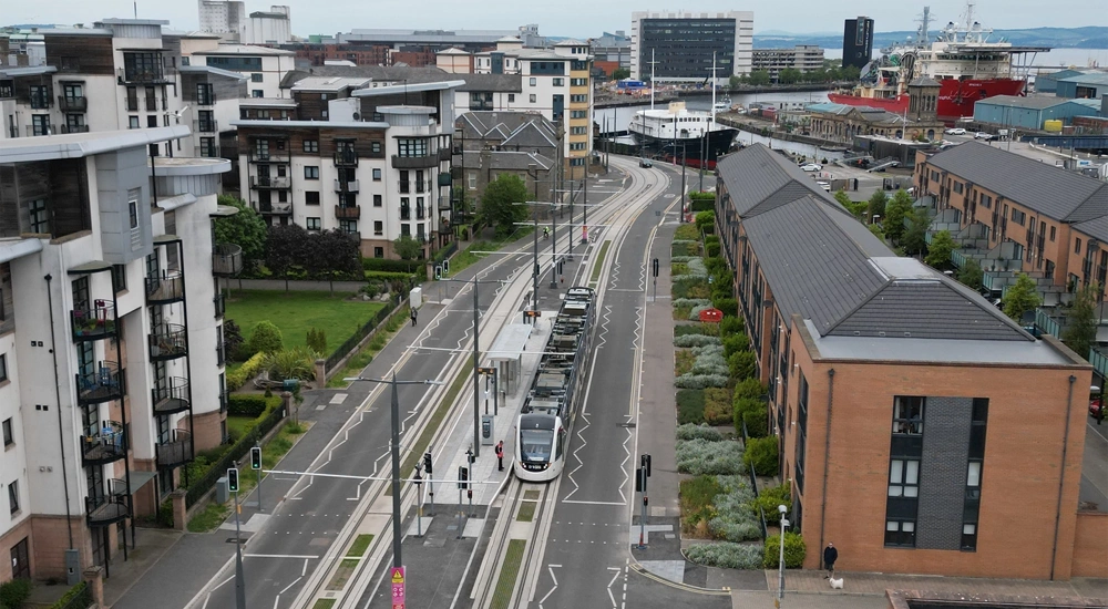 Drone shot of Edinburgh Trams in action.