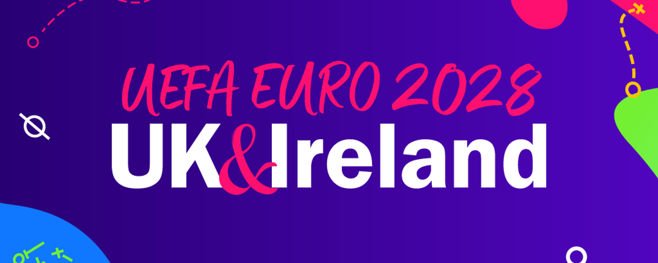 Colourful dark blue banner with teal, green, pink, blue and orange shapes with the title 'UEFA EURO 2028' in dark pink writing and Uk & Ireland in white bold writing in the middle 
