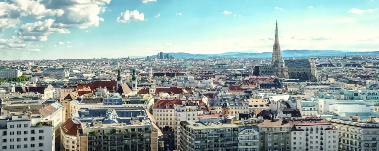 Skyline view of Vienna, showcasing the city with a nice clear blue sky.