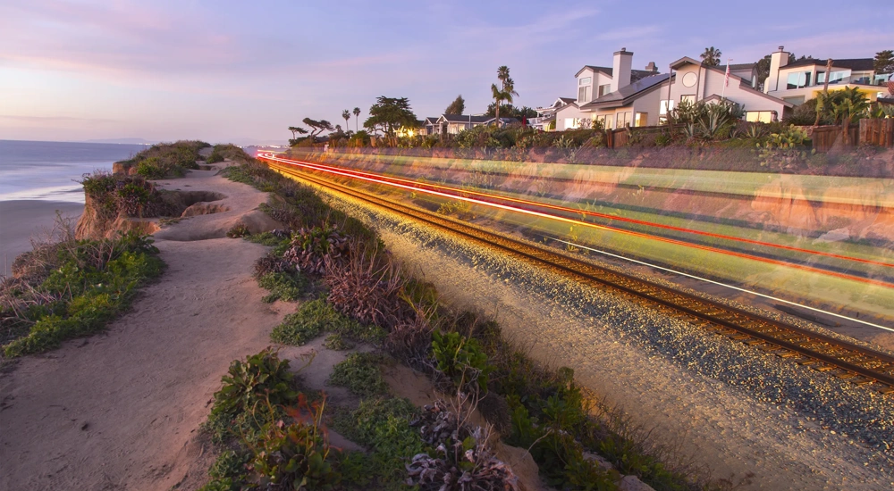 Railway Tracks along Southern California Pacific Ocean Coastline in Del Mar, San Diego County