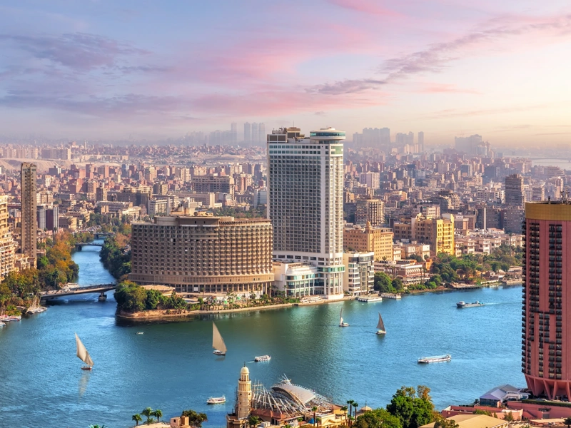 Skyline over the Nile in Cairo before sunset, aerial view