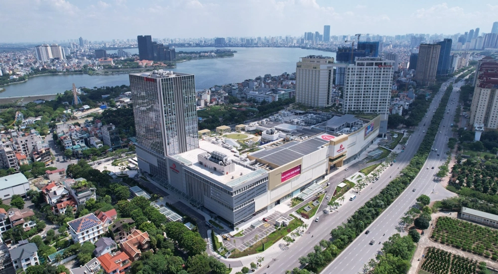 Aerial shot of Lotte Mall West Lake in Hanoi, Vietnam