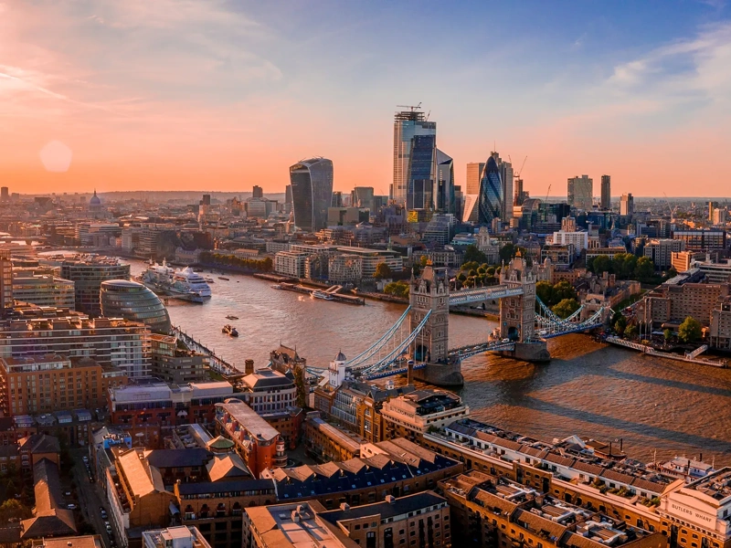 Aerial view of London Shard skyscrapers near the Tower Bridge.